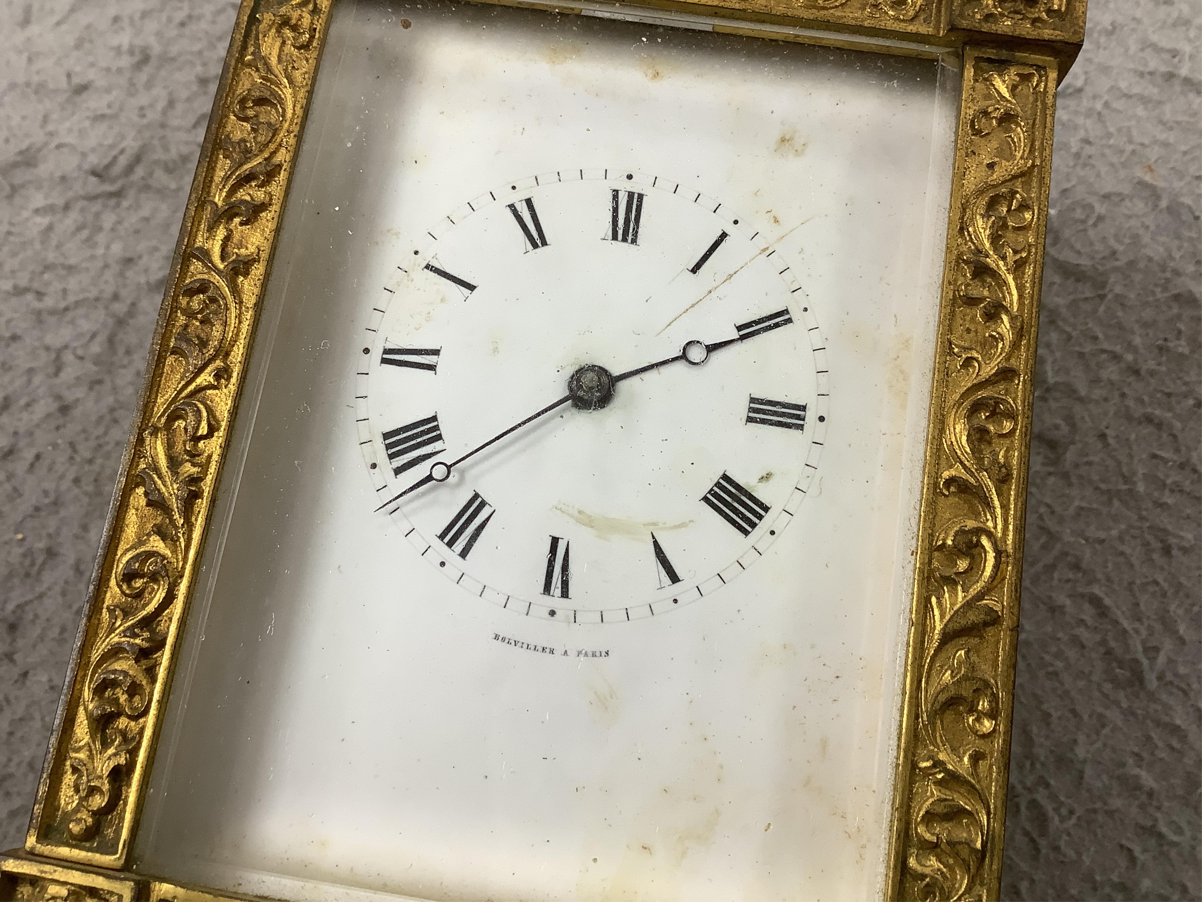 A 19th century French fancy ormolu cased carriage clock, movement requires work, 13cm high. Condition - dial marked, gilding tarnished in places